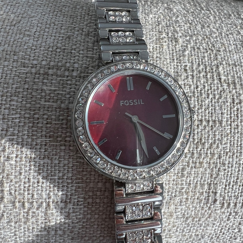 FOSSIL KARLI CRYSTALS SILVER BURGUNDY MOP WOMEN'S BQ3904 WATCH